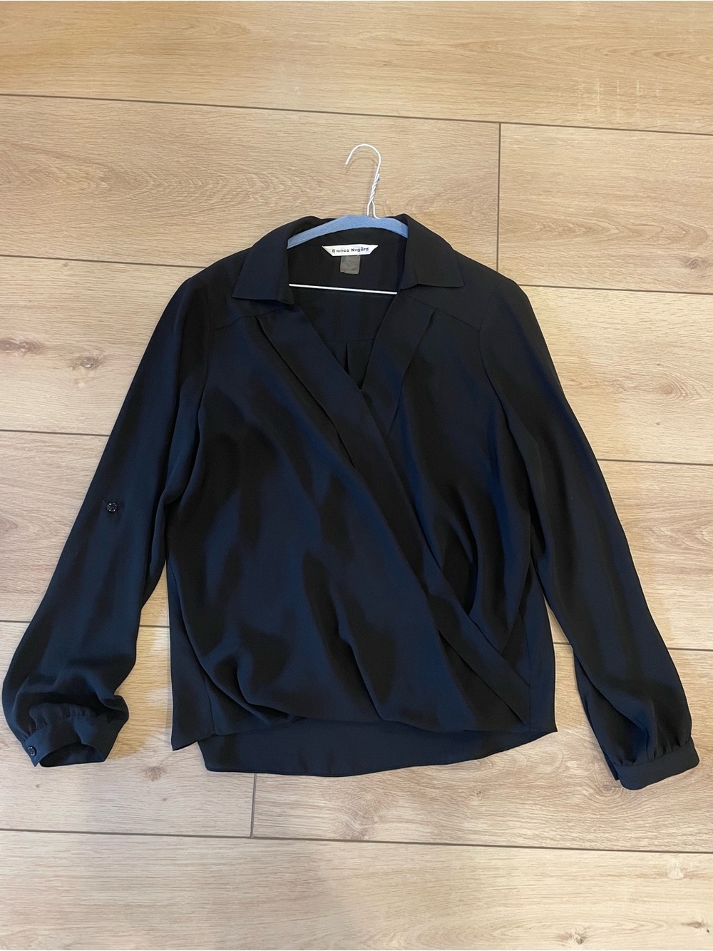 Black Wrap Flowy Blouse with Notch Collar
